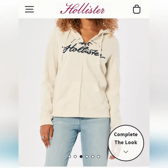 Hollister Women's Easy Embroidered Logo Graphic Full Zip Hoodie Cream NWOT - Picture 2 of 9